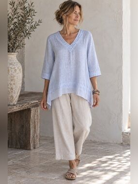 Elemente Clemente Womens Linen Tunic Top Sz 0 XS Pale Blue Coastal Lagenlook